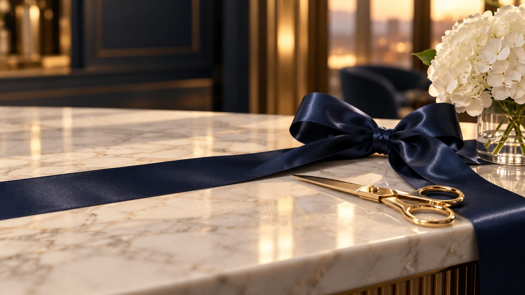 A navy satin ribbon tied across a marble counter with gold ribbon-cutting scissors and white hydrangeas