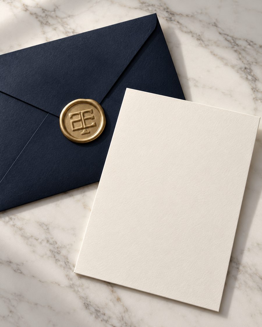 A navy envelope sealed with a gold TLC monogram wax seal beside an ivory card on marble