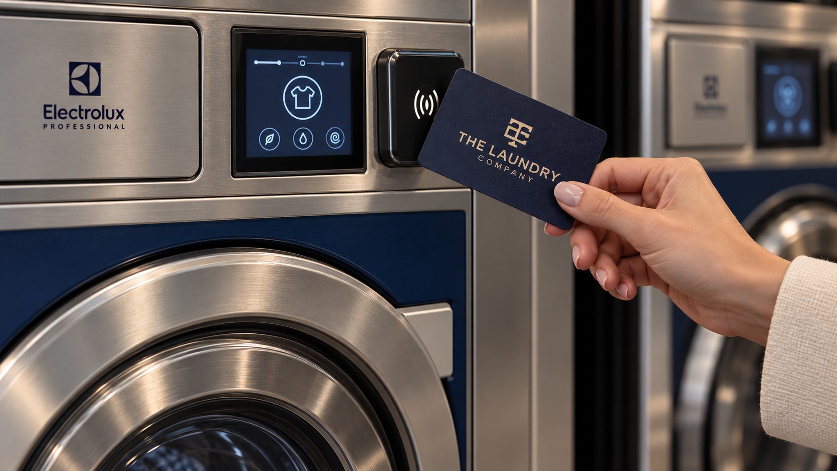 A guest tapping a navy TLC Card on the reader of an Electrolux Professional washer