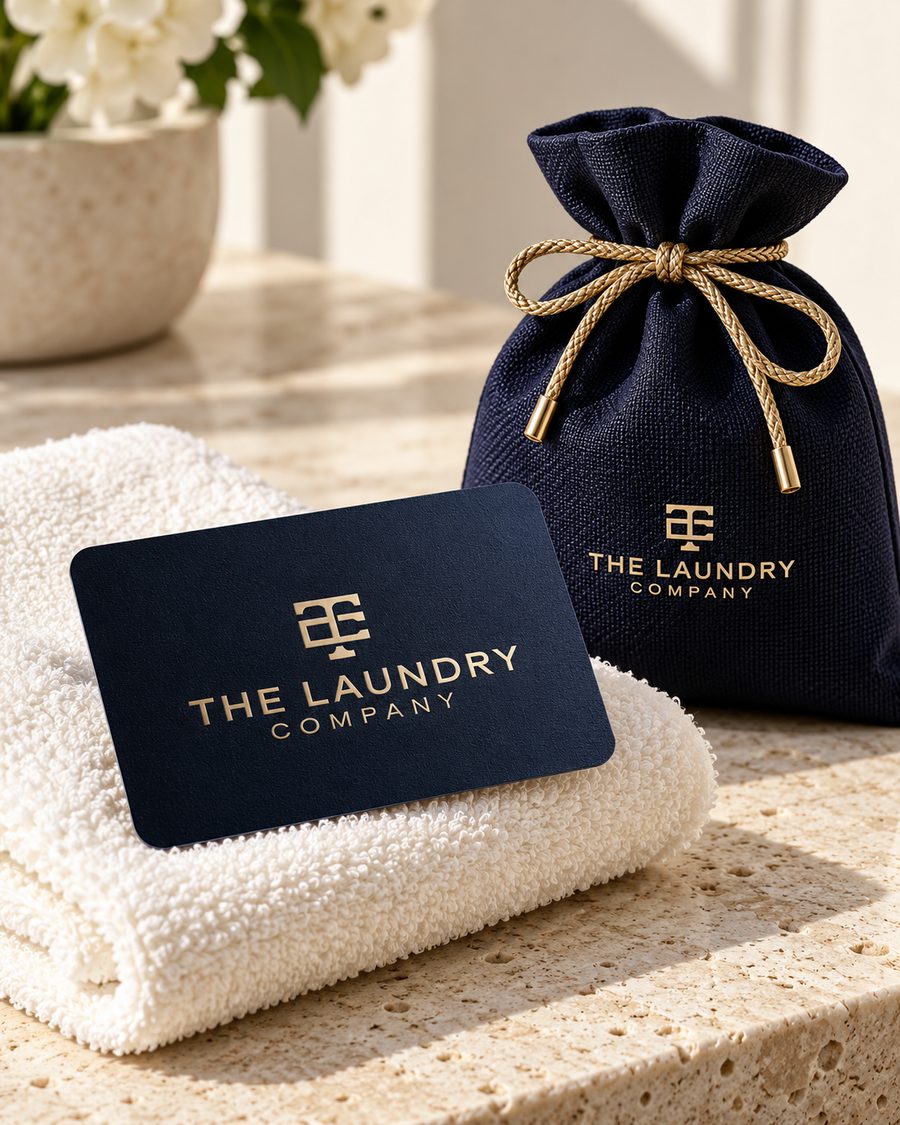 A navy TLC Card resting on a folded white towel beside a navy TLC welcome bag tied with gold cord